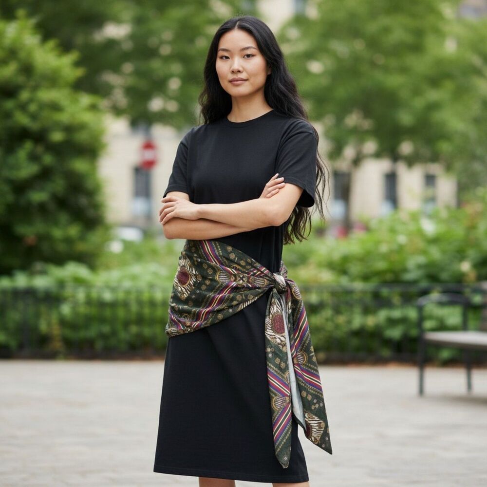 Zara Basic Black T-Shirt Midi Dress with Hip Scarf Boho Chic Small S Crew Neck